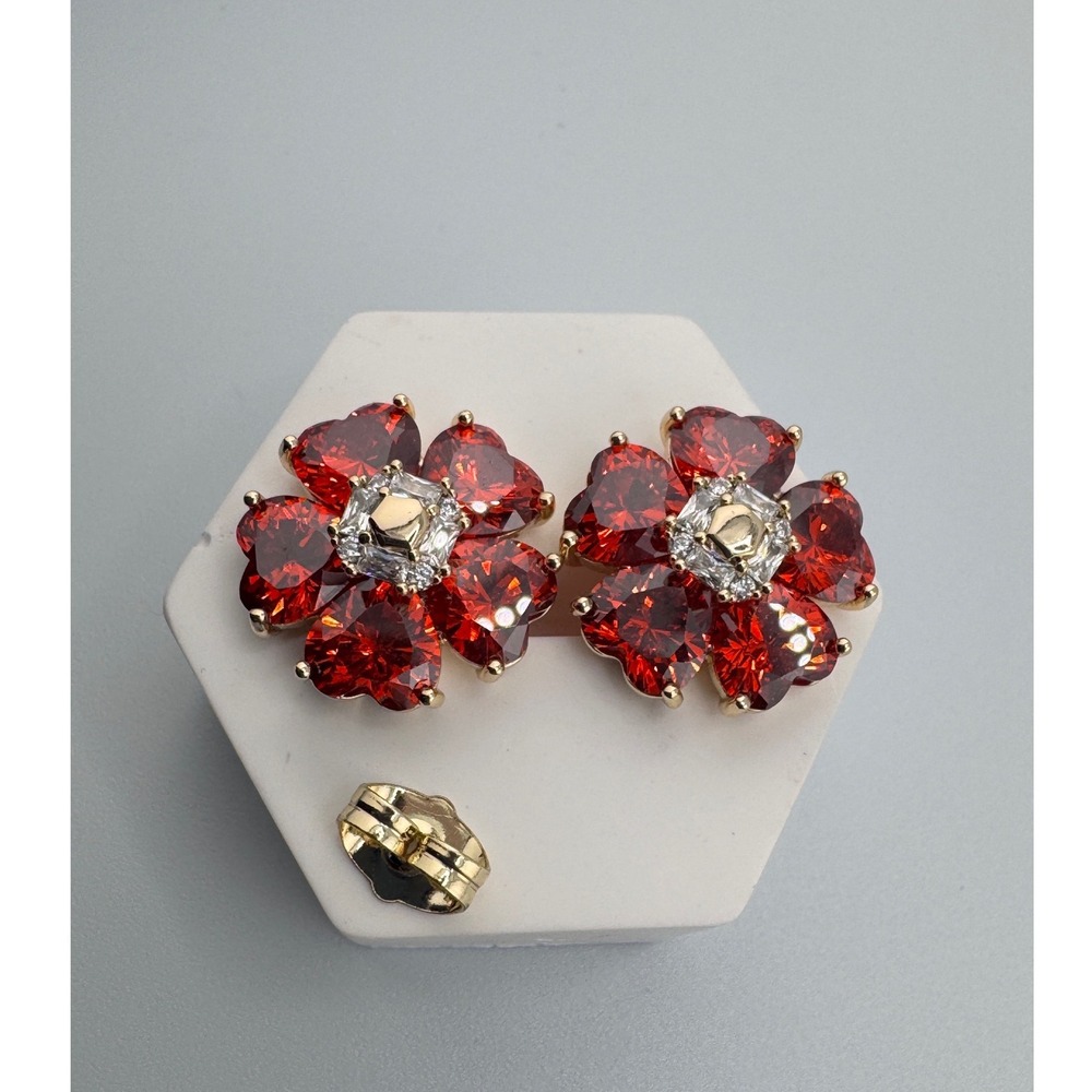 14K Gold Plated‎ Red Heart Petal Flower Stud Earrings Floral Jewelry New